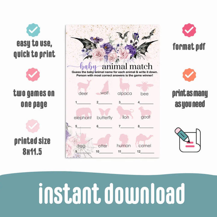 Gothic baby shower animal matching game - printable halloween theme - party games