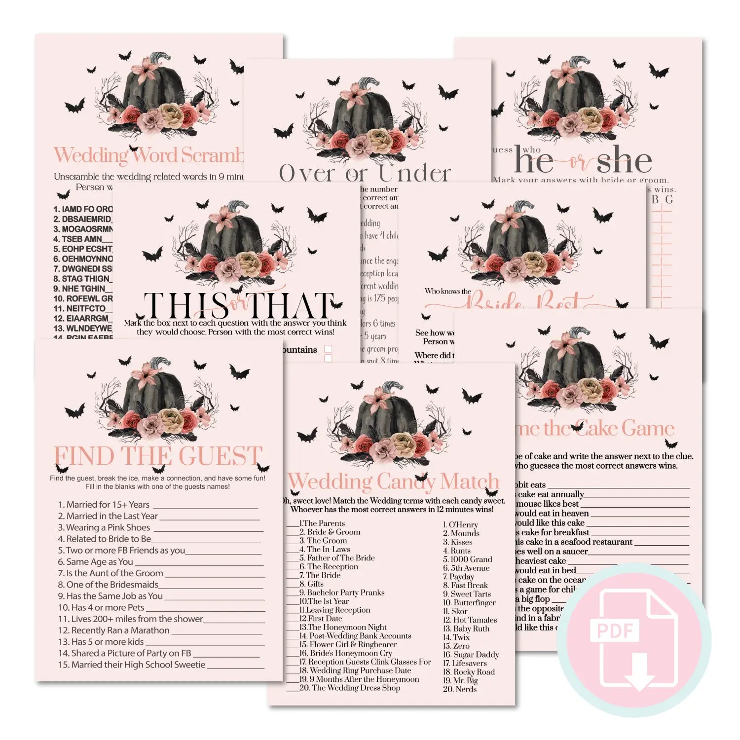 Gothic bridal shower game instant download 8 games blush and black printable fun for halloween wedding celebrations
