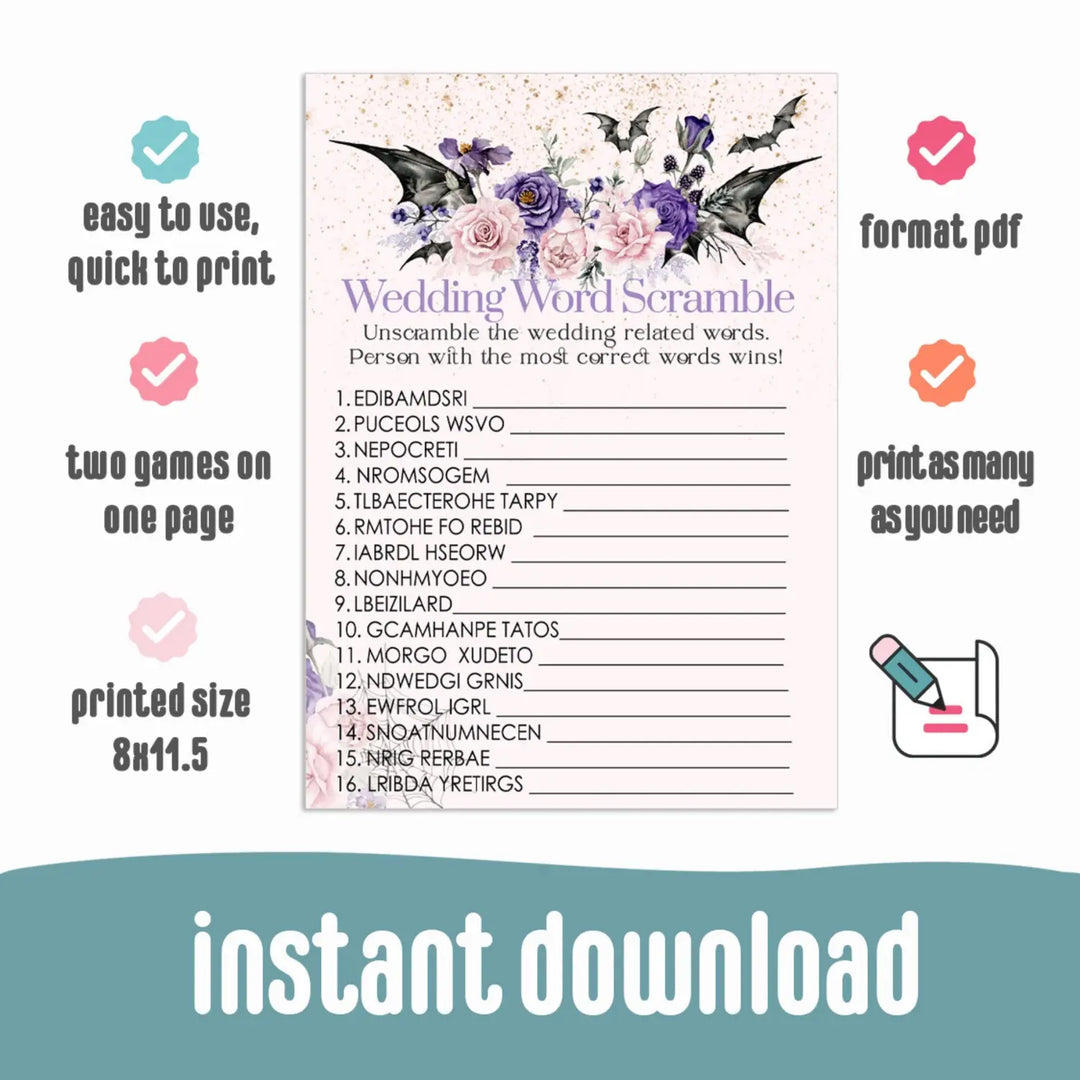 Gothic bridal shower game over or under halloween wedding printable - party games