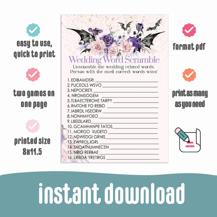Gothic bridal shower game over or under halloween wedding printable - party games