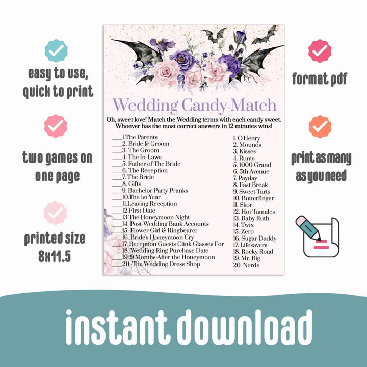 Gothic bridal shower match the candies game printable halloween download - party games