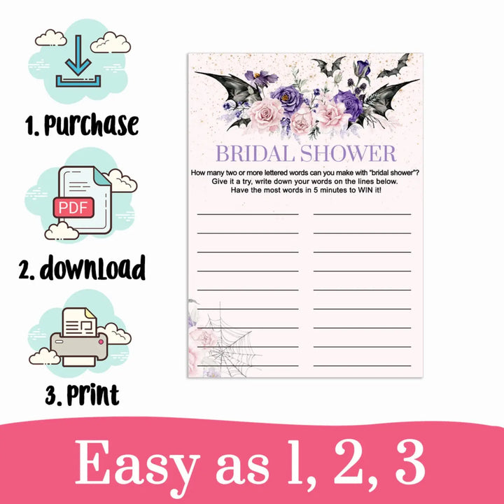 Gothic bridal shower name game race - wedding fun printable pdf - halloween spooky floral pink - party games