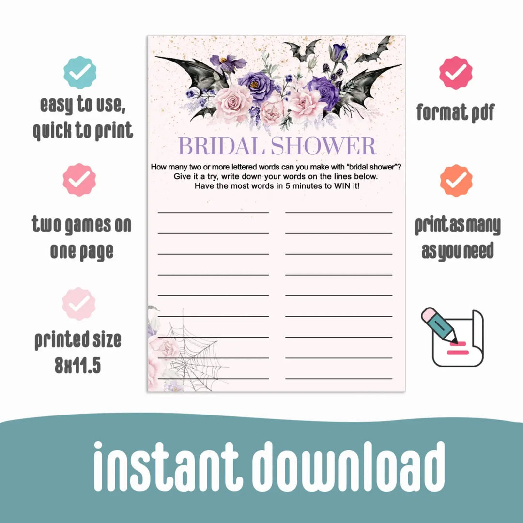 Gothic bridal shower name game race - wedding fun printable pdf - halloween spooky floral pink - party games