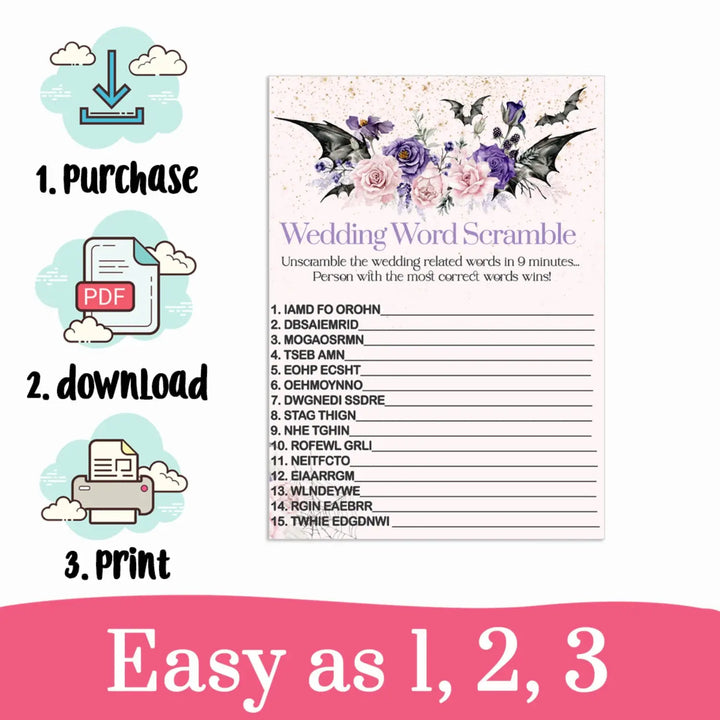 Gothic bridal shower word scramble game printable halloween wedding diy - party games