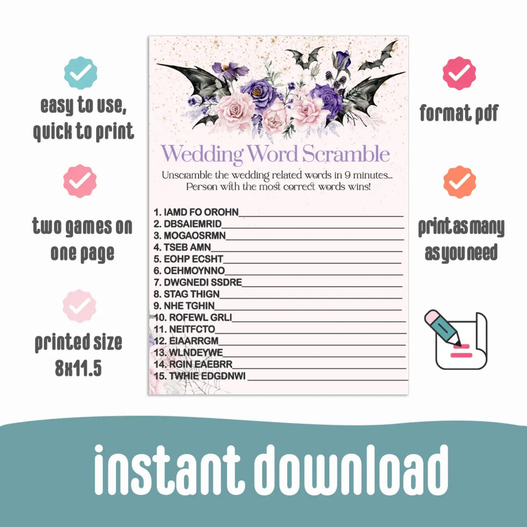Gothic bridal shower word scramble game printable halloween wedding diy - party games