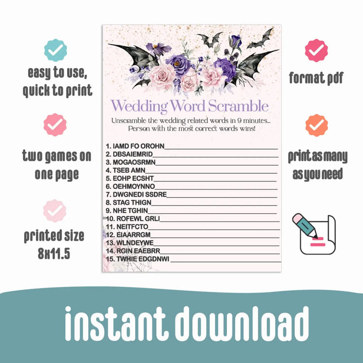 Gothic bridal shower word scramble game printable halloween wedding diy - party games