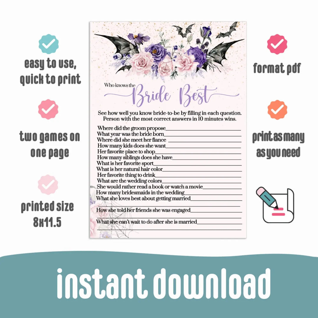 Gothic bride best bridal shower game instant download halloween printable - party games