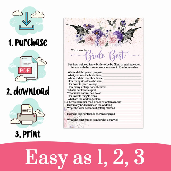 Gothic bride best bridal shower game instant download halloween printable - party games