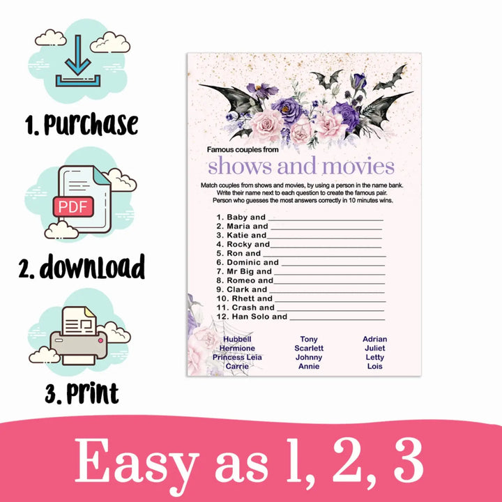 Gothic famous movie couples game printable download halloween all occasions - party games