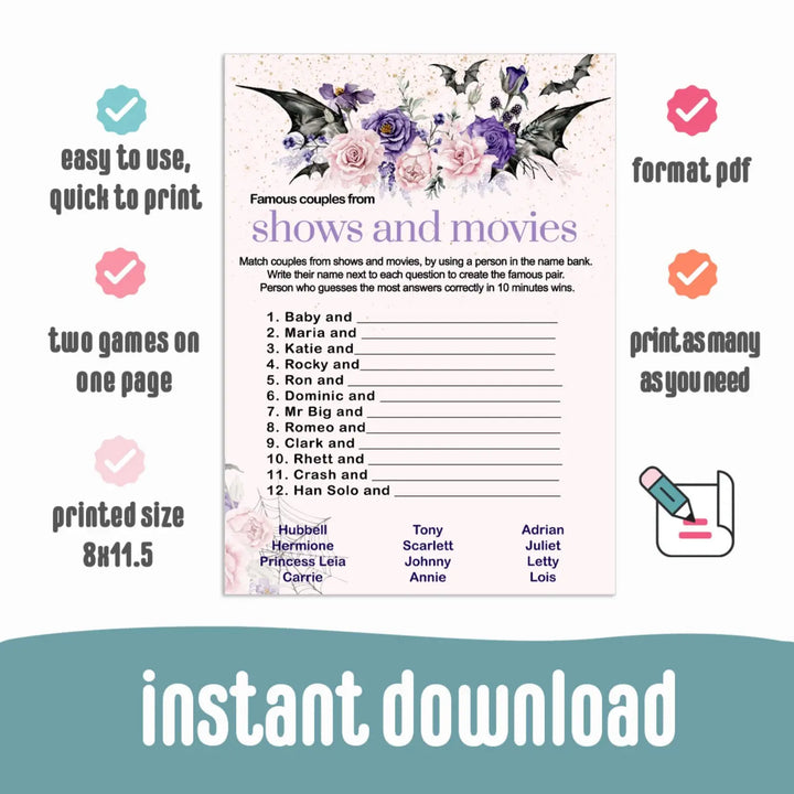 Gothic famous movie couples game printable download halloween all occasions - party games