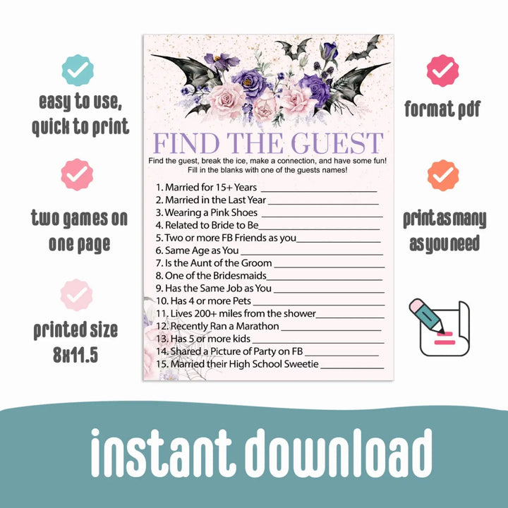 Gothic find the guest bridal shower game printable halloween spooky floral pink - party games