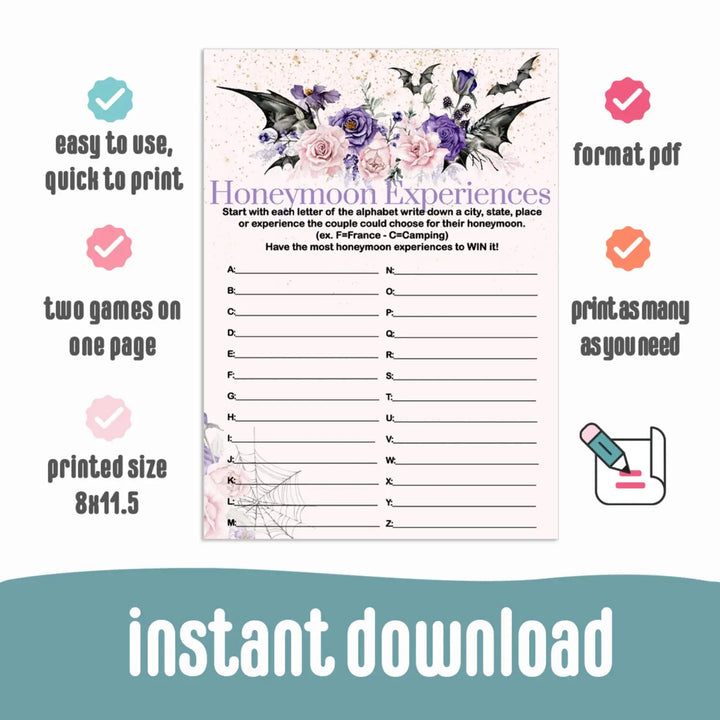 Gothic honeymoon experience bridal shower game printable download halloween - party games