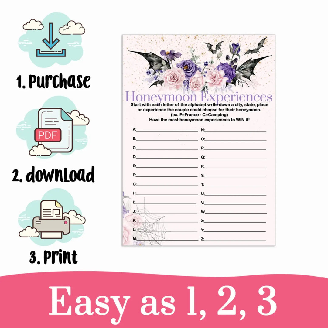 Gothic honeymoon experience bridal shower game printable download halloween - party games