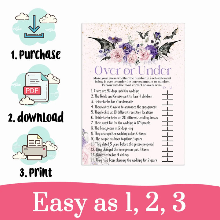 Gothic over or under bridal shower game instant printable download halloween spooky floral pink - party games