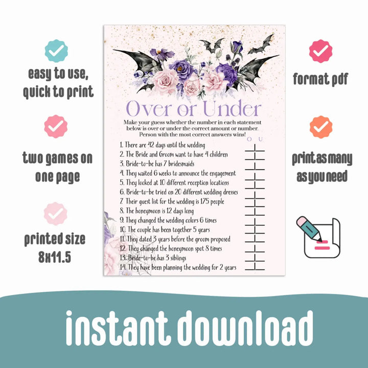 Gothic over or under bridal shower game instant printable download halloween spooky floral pink - party games