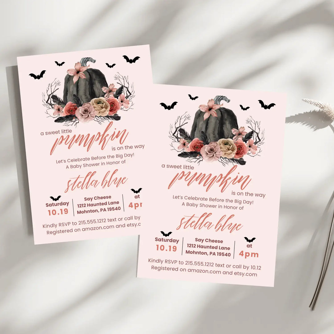 Gothic pumpkin baby shower invitation halloween pink and black spooky - invitations