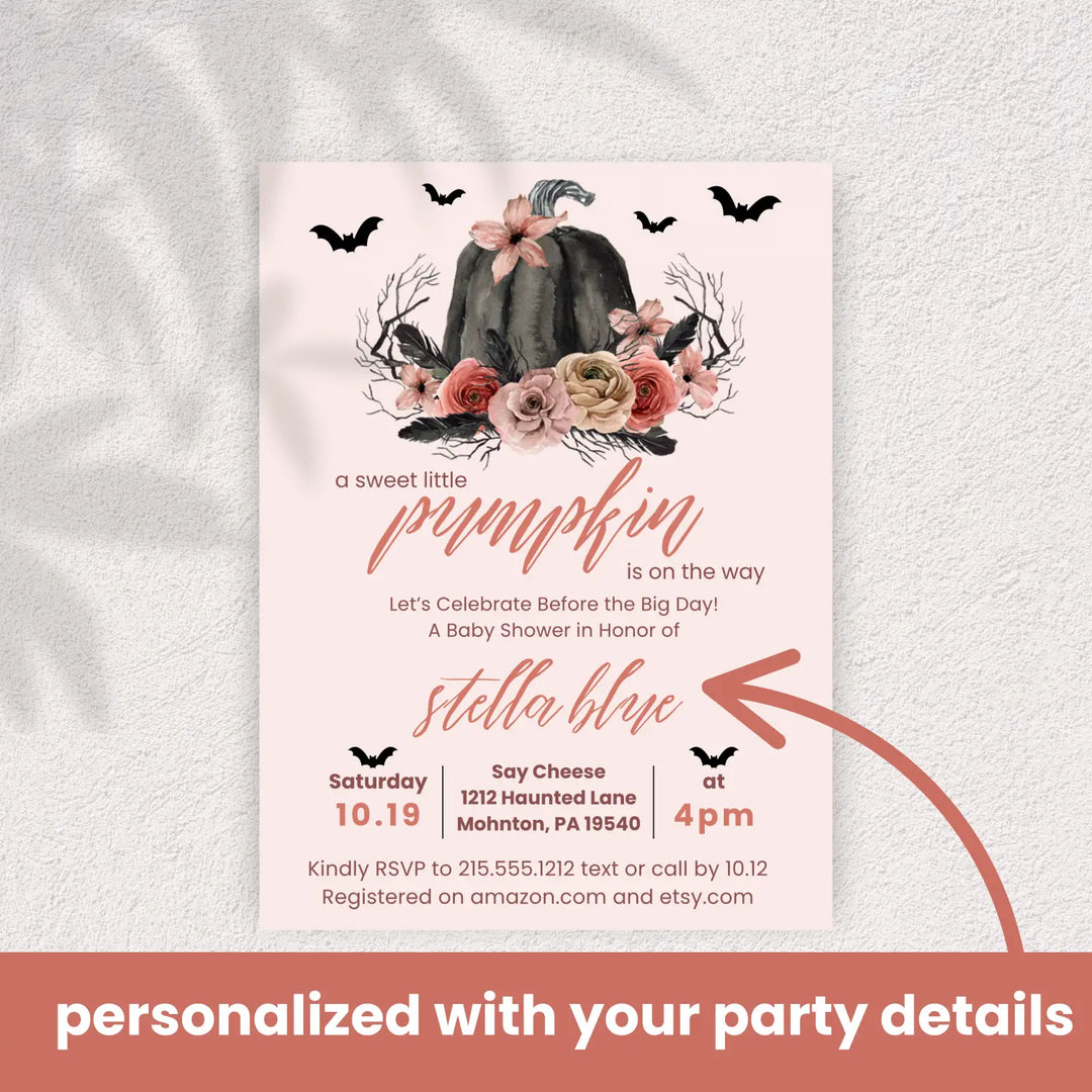 Gothic pumpkin baby shower invitation halloween pink and black spooky - invitations