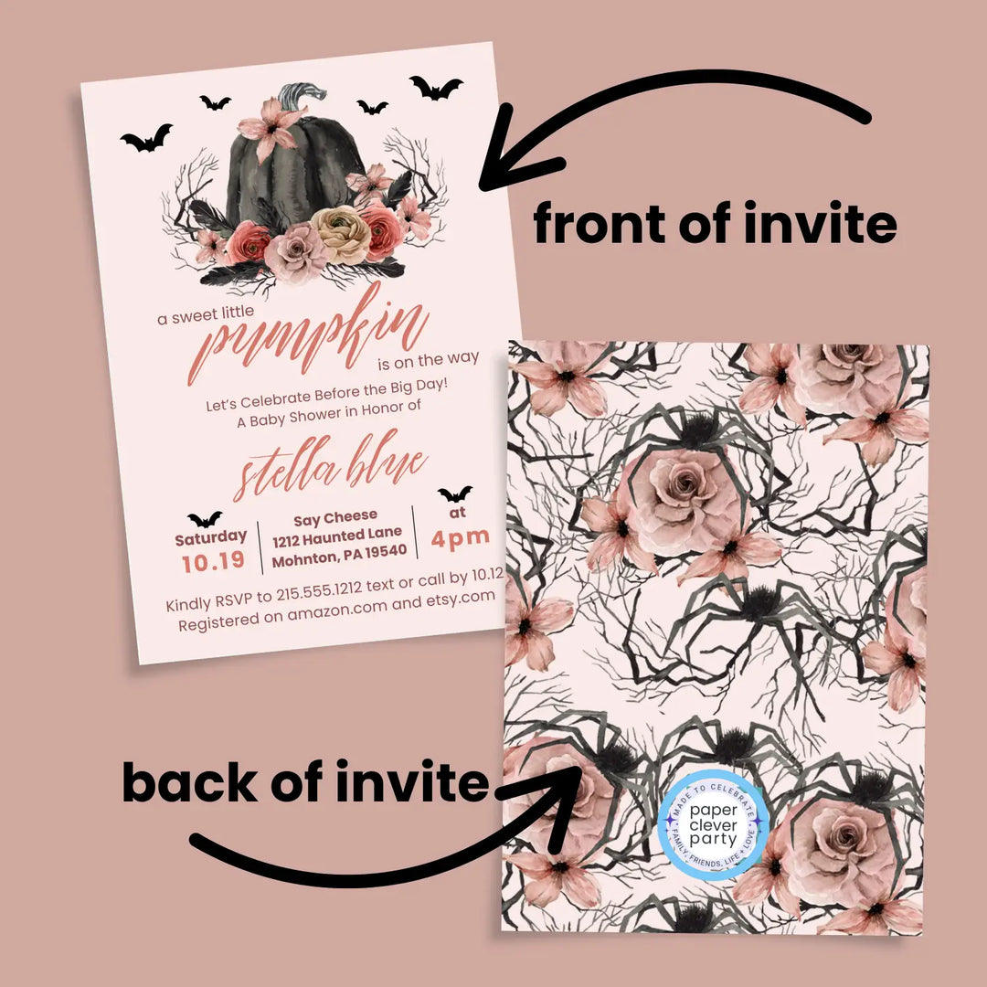 Gothic pumpkin baby shower invitation halloween pink and black spooky - invitations