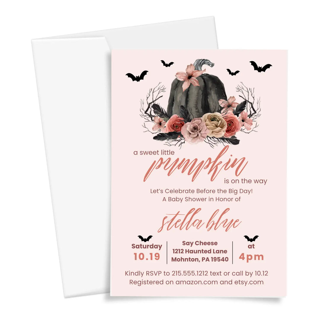 Gothic pumpkin baby shower invitation halloween pink and black spooky - invitations