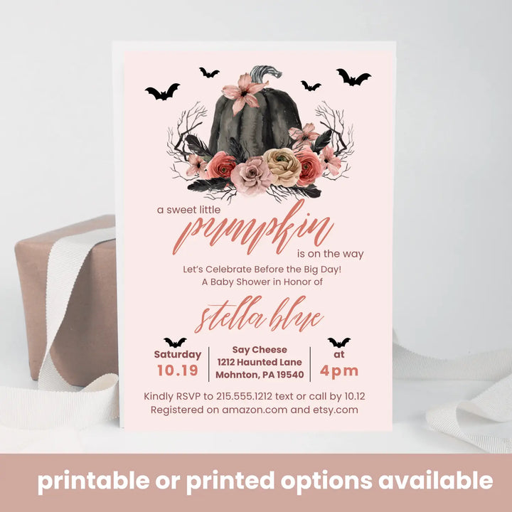 Gothic pumpkin baby shower invitation halloween pink and black spooky - invitations