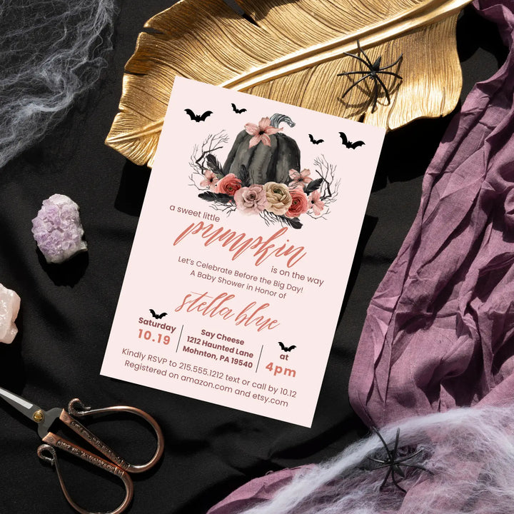 Gothic pumpkin baby shower invitation halloween pink and black spooky - invitations