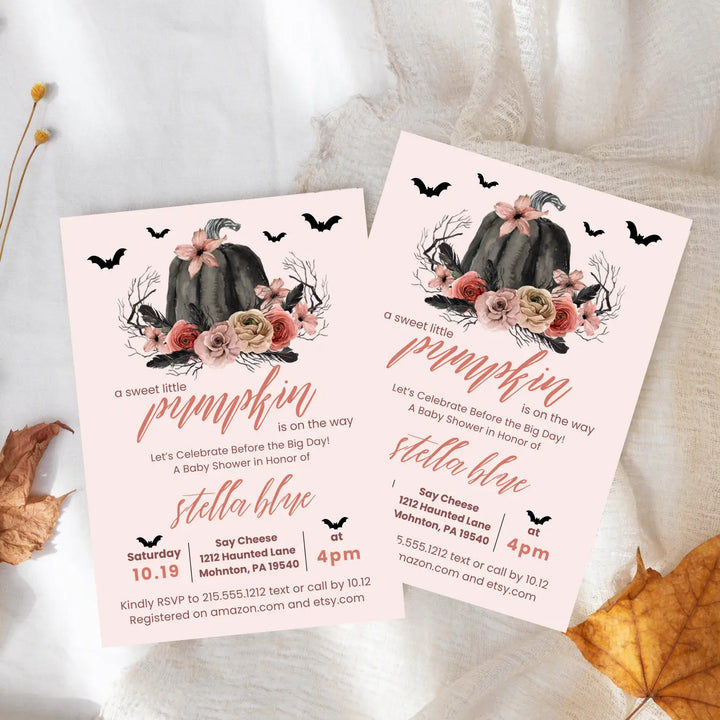 Gothic pumpkin baby shower invitation halloween pink and black spooky - invitations