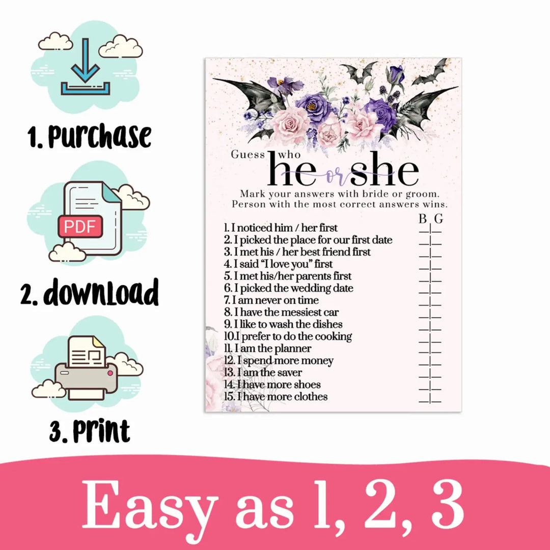 Gothic he or she said bridal shower game printable download halloween floral pink - party games
