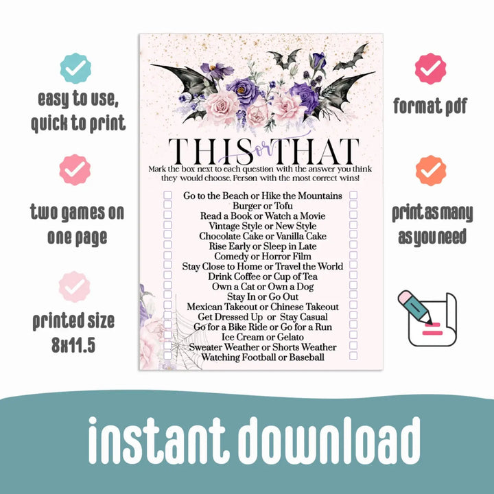 Gothic would she rather bridal shower game printable - halloween this or that - party games