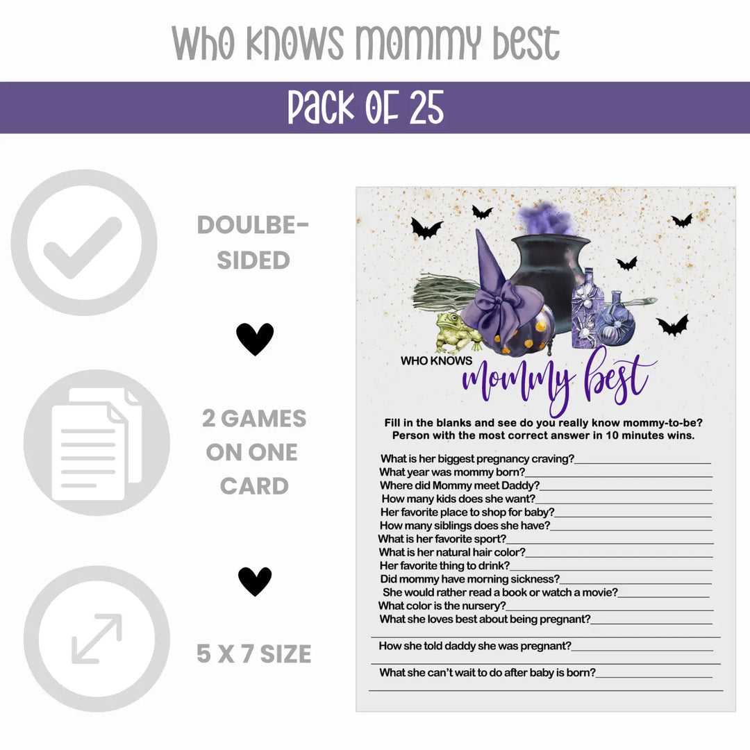 Halloween baby brewing shower game set with candy bar matching and mommy best purple witch 5x7 cards (25 ct) - party