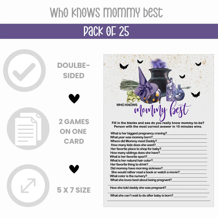 Halloween baby brewing shower game set with candy bar matching and mommy best purple witch 5x7 cards (25 ct) - party
