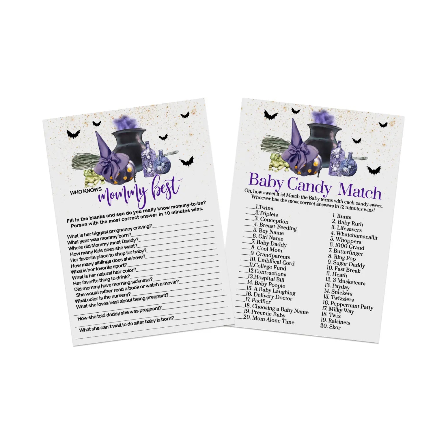 Halloween baby brewing shower game set with candy bar matching and mommy best purple witch 5x7 cards (25 ct) - party