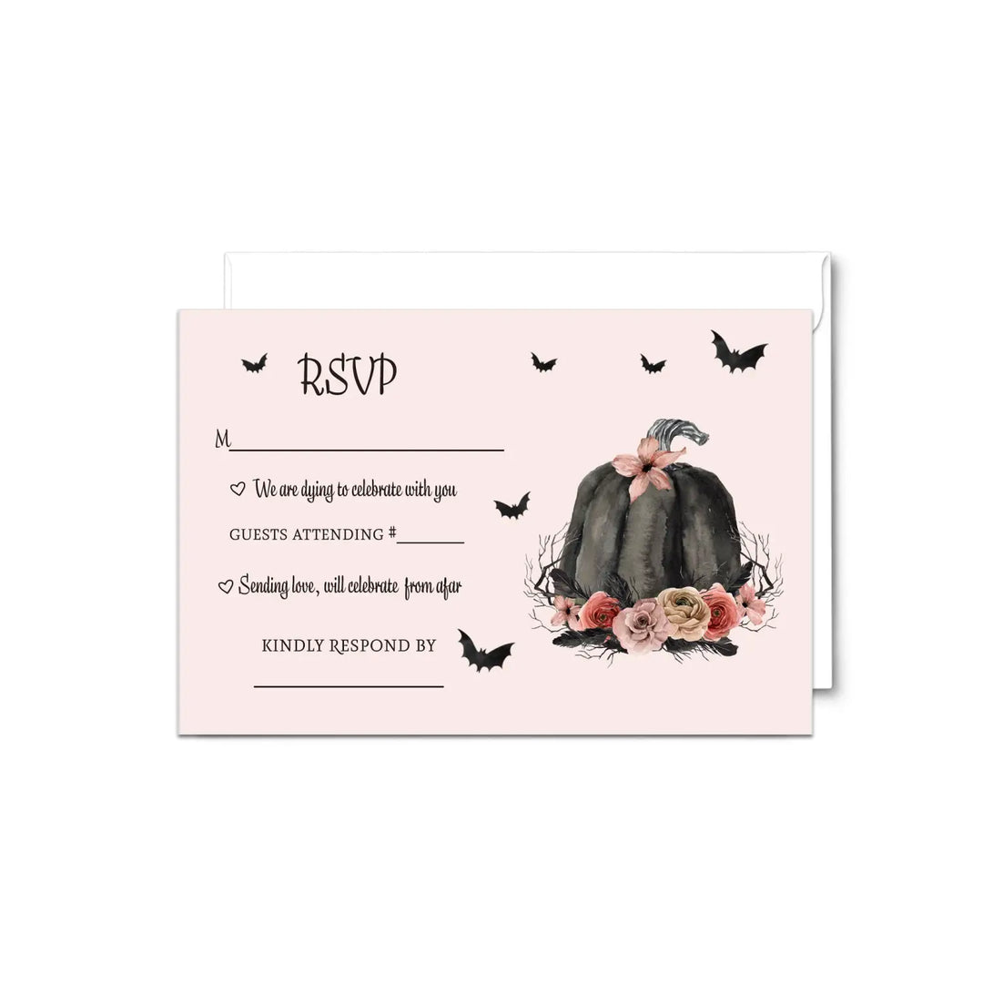Halloween rsvp cards - spooky chic gothic pink & black pumpkin design with spiders and floral - set of 25 - invitations