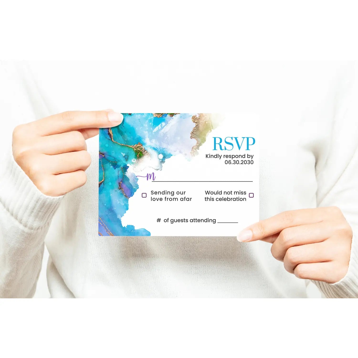 Jeweled purple & teal rsvp cards with envelopes custom printed - elegant gold watercolor for weddings and events