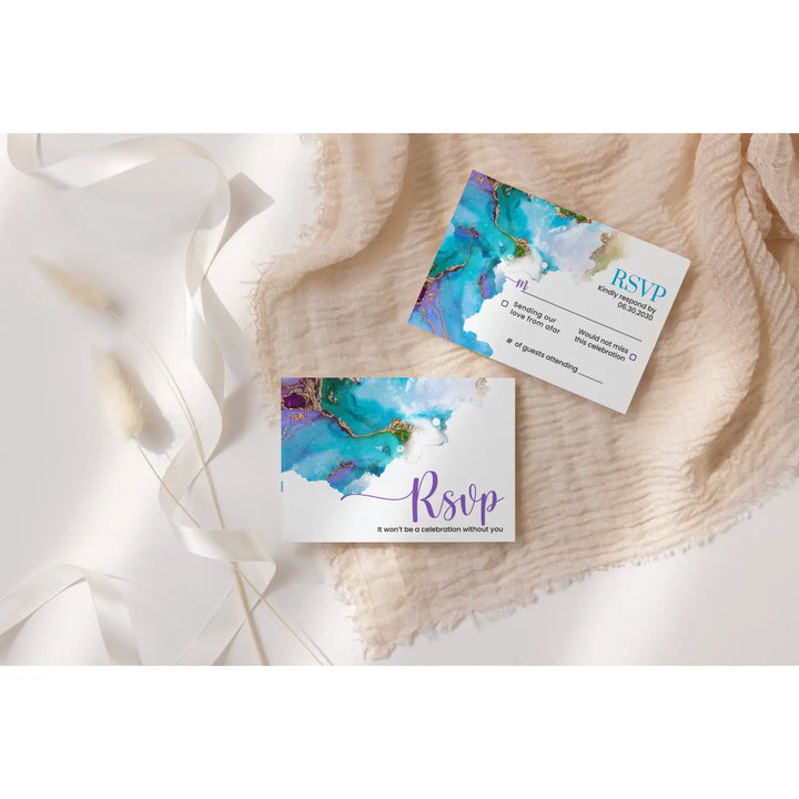 Jeweled purple & teal rsvp cards with envelopes custom printed - elegant gold watercolor for weddings and events