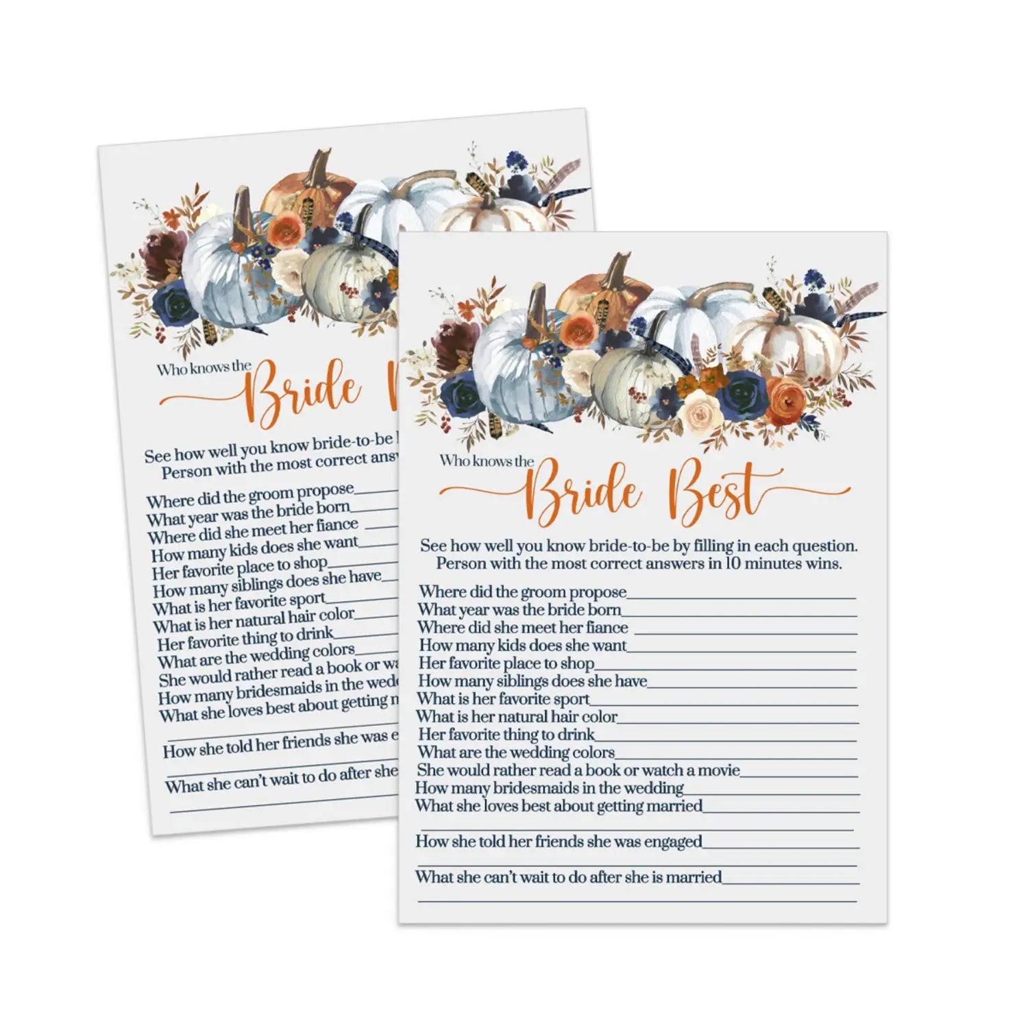 Who knows the bride best bridal shower trivia game instant pdf printable download rustic pumpkin floral - party games