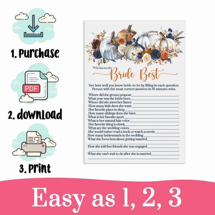 Who knows the bride best bridal shower trivia game instant pdf printable download rustic pumpkin floral - party games