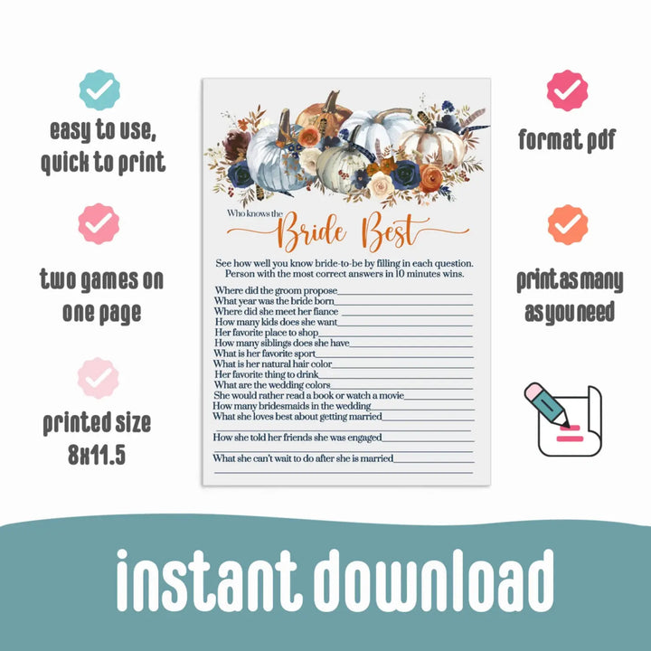 Who knows the bride best bridal shower trivia game instant pdf printable download rustic pumpkin floral - party games