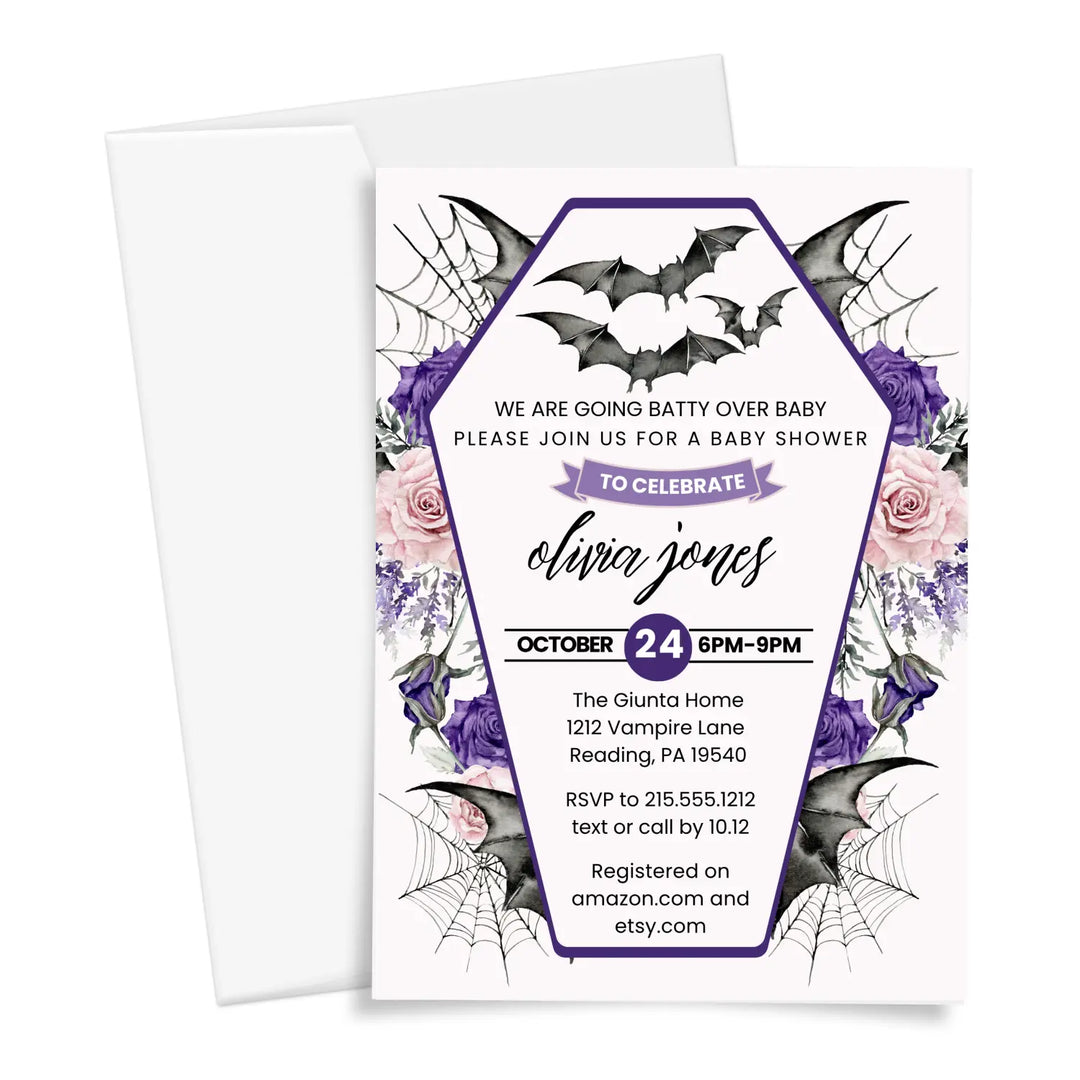 A little batty baby shower invitations personalized gothic halloween gender reveal spooky invites custom template