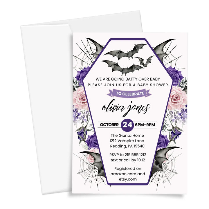 A little batty baby shower invitations personalized gothic halloween gender reveal spooky invites custom template