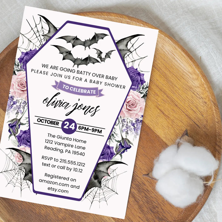 A little batty baby shower invitations personalized gothic halloween gender reveal spooky invites custom template