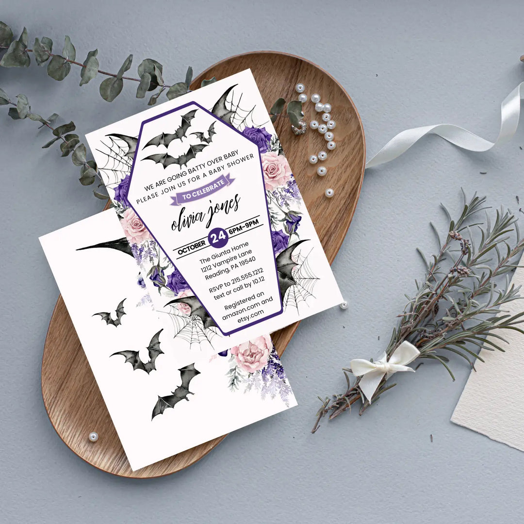 A little batty baby shower invitations personalized gothic halloween gender reveal spooky invites custom template