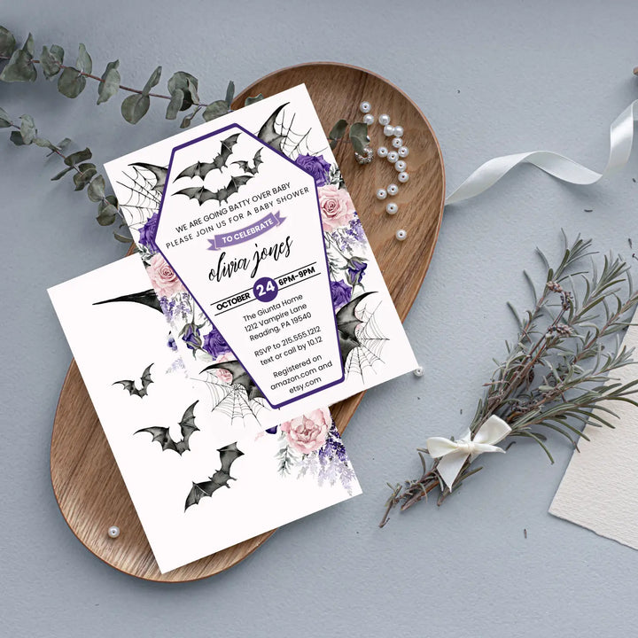 A little batty baby shower invitations personalized gothic halloween gender reveal spooky invites custom template