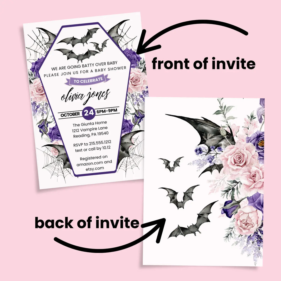 A little batty baby shower invitations personalized gothic halloween gender reveal spooky invites custom template