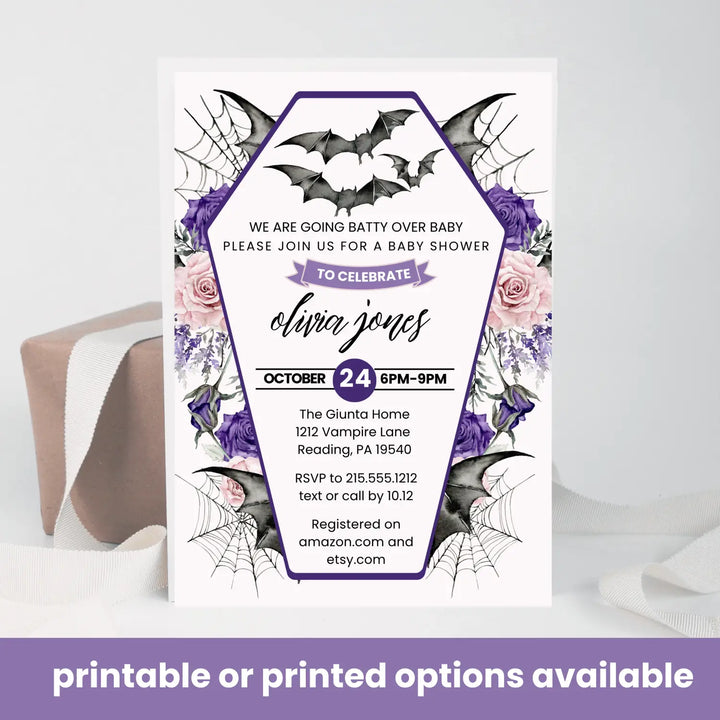 A little batty baby shower invitations personalized gothic halloween gender reveal spooky invites custom template