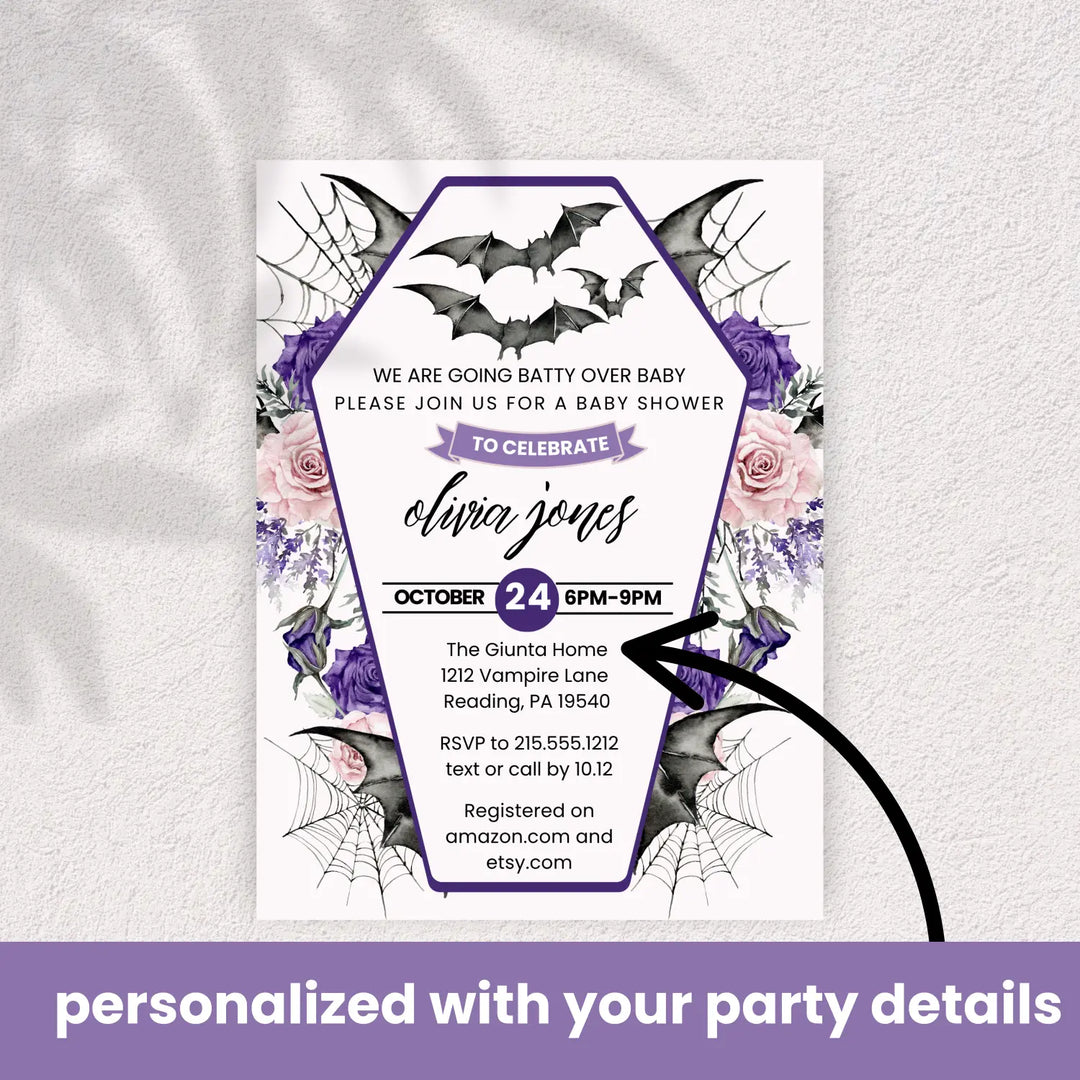 A little batty baby shower invitations personalized gothic halloween gender reveal spooky invites custom template