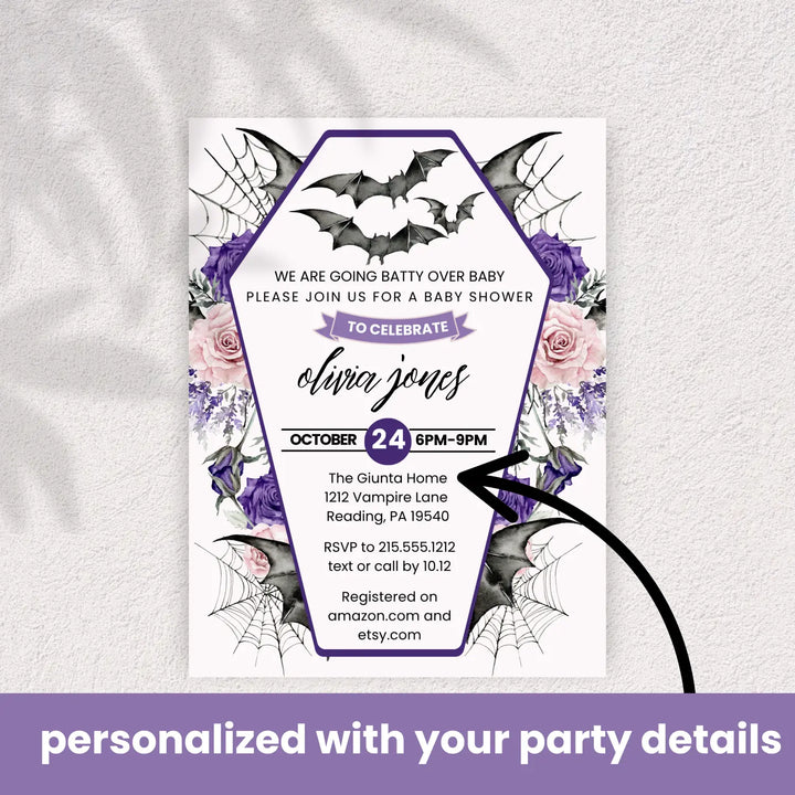A little batty baby shower invitations personalized gothic halloween gender reveal spooky invites custom template