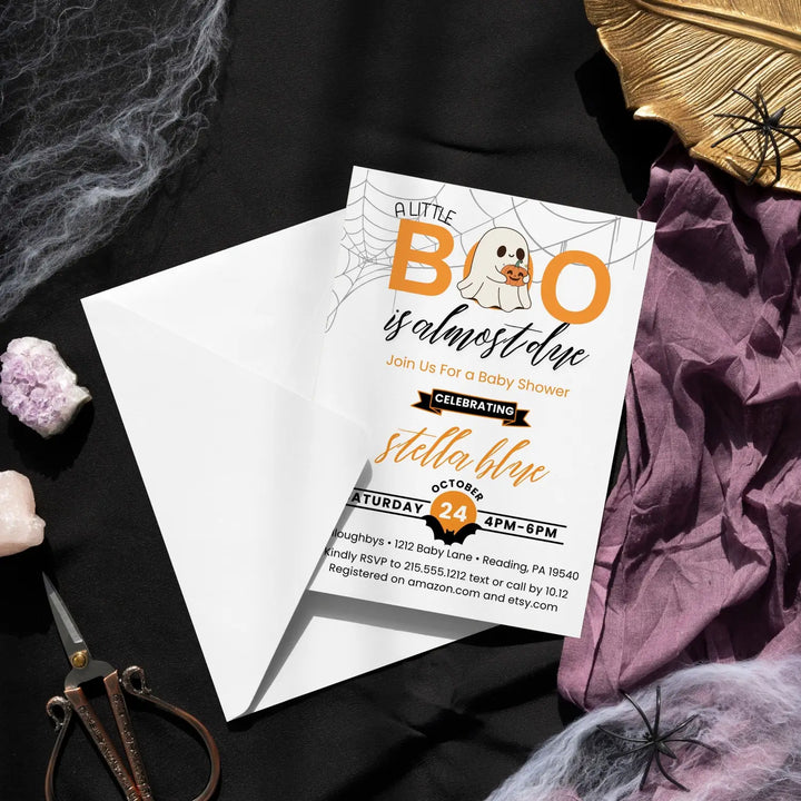 A little boo baby shower invitations halloween gender neutral theme printable & printed options