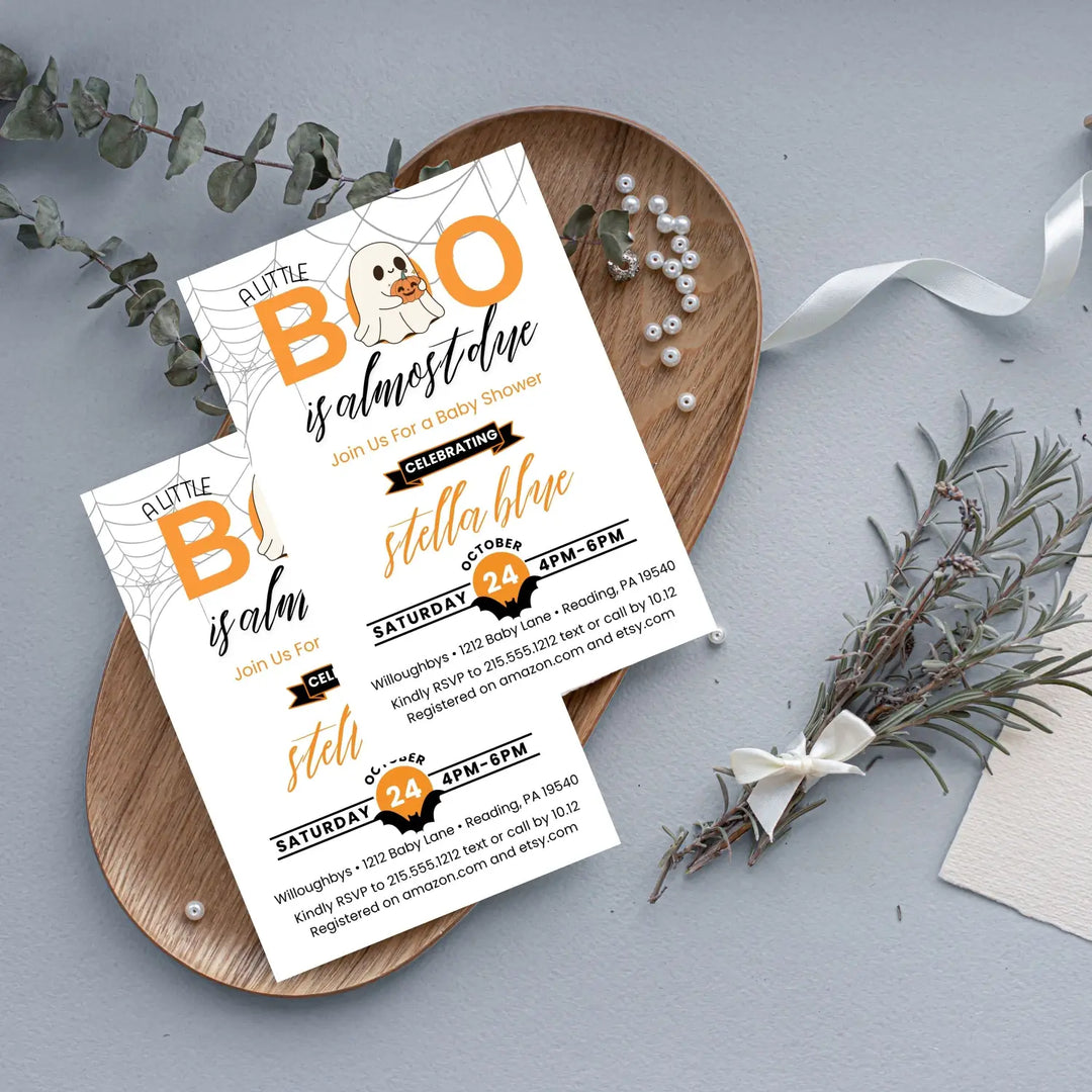 A little boo baby shower invitations halloween gender neutral theme printable & printed options