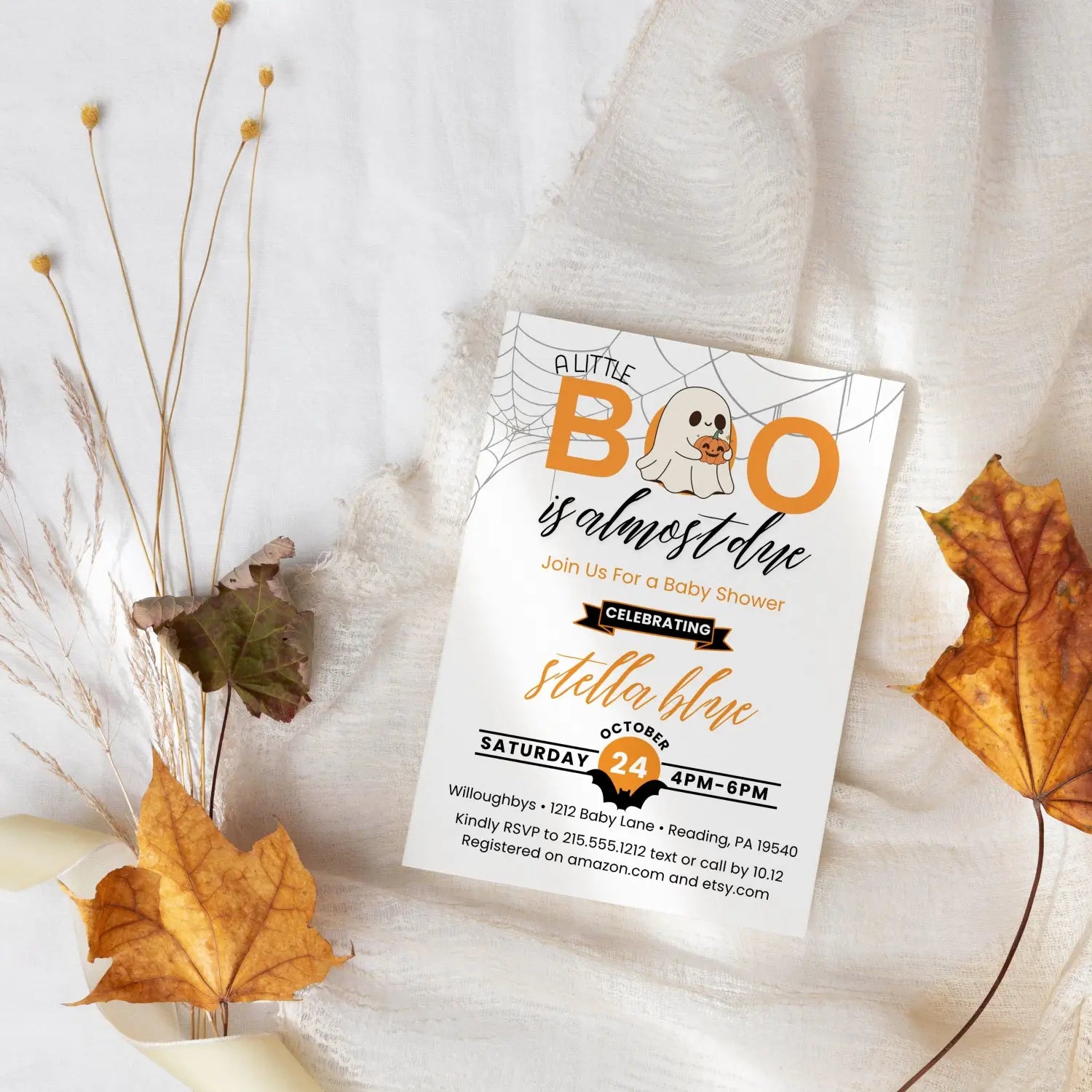 A little boo baby shower invitations halloween gender neutral theme printable & printed options