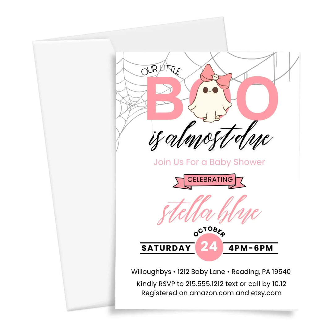 A little boo baby shower invitations halloween ghost and skull theme printable & printed options pink